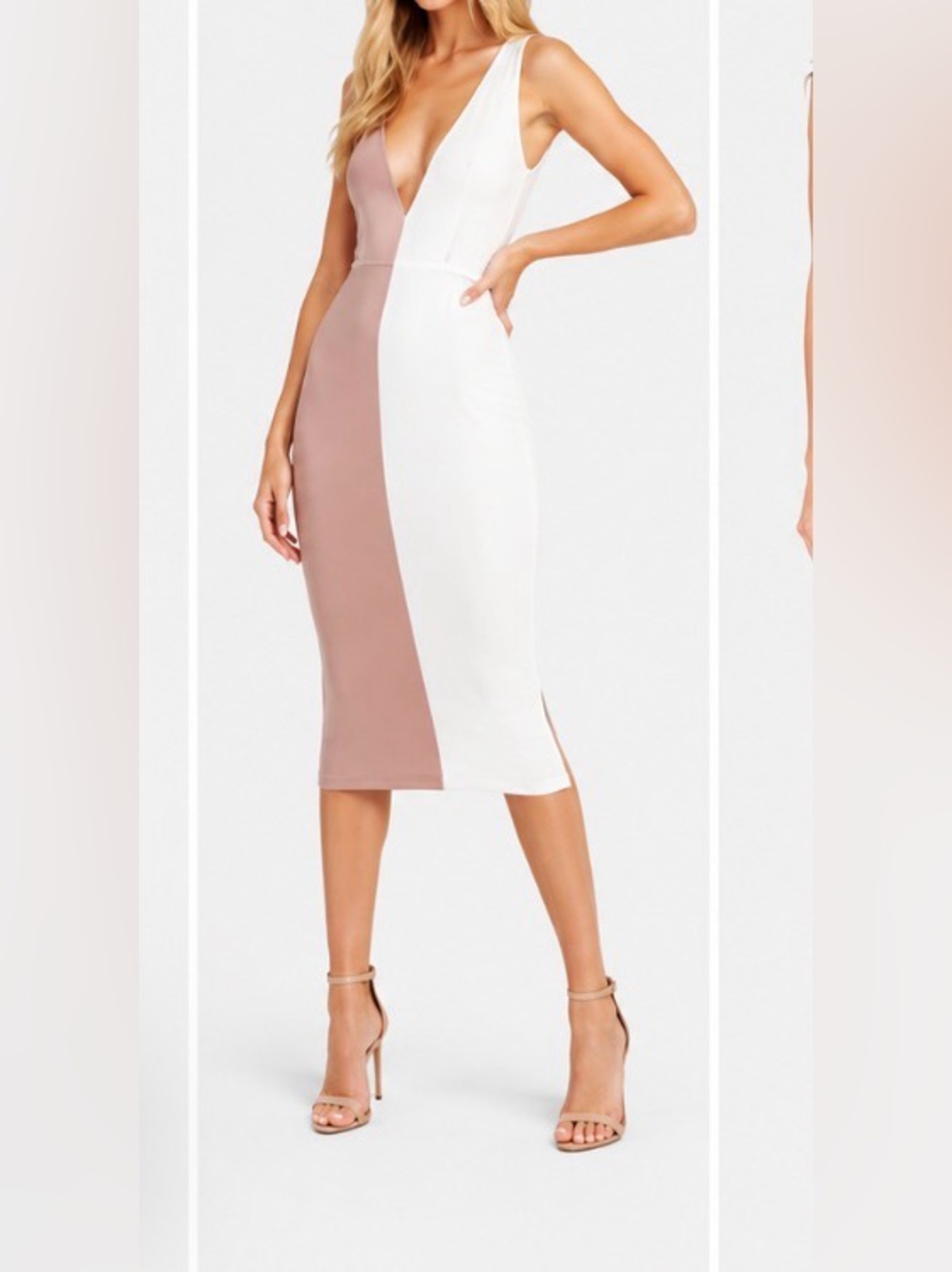 bebe Colorblock Midi Dress in Blush and White